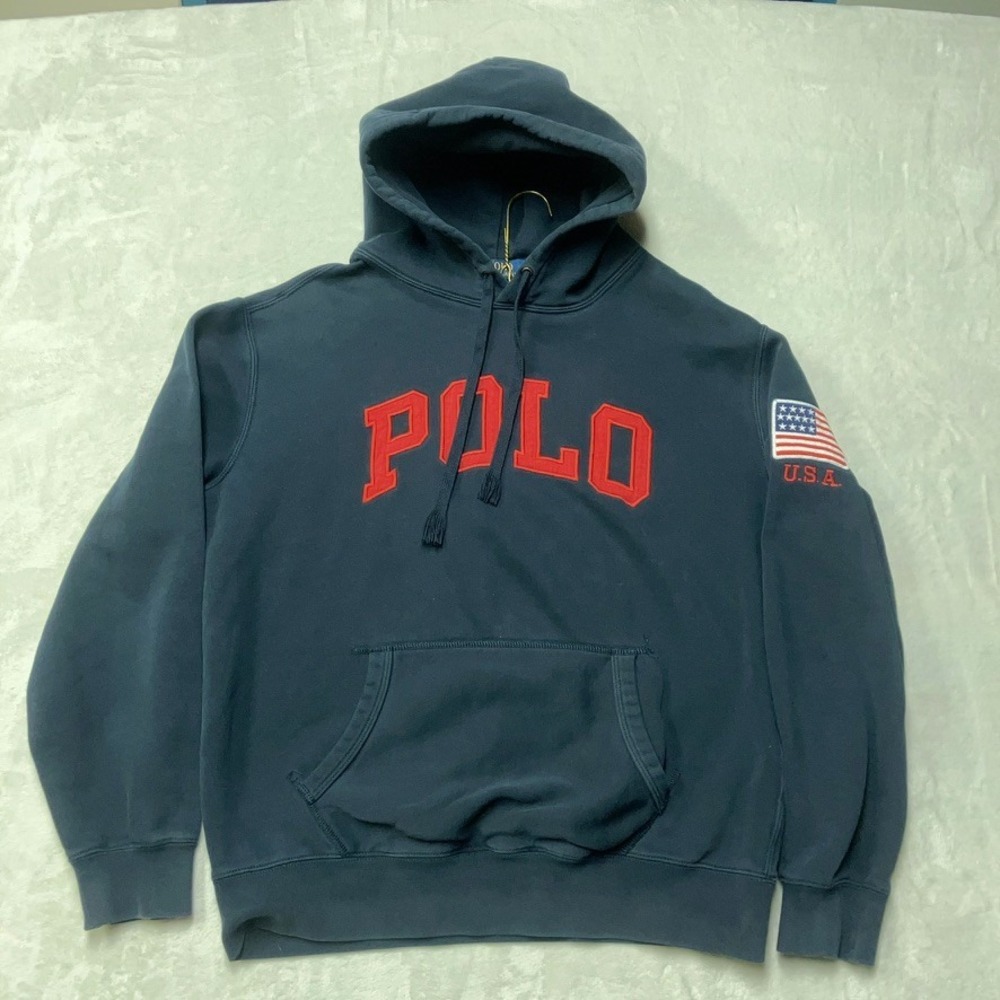 Polo Ralph Lauren Hoodie Men L Navy Blue USA Flag Patch Spellout Fleece Pullover